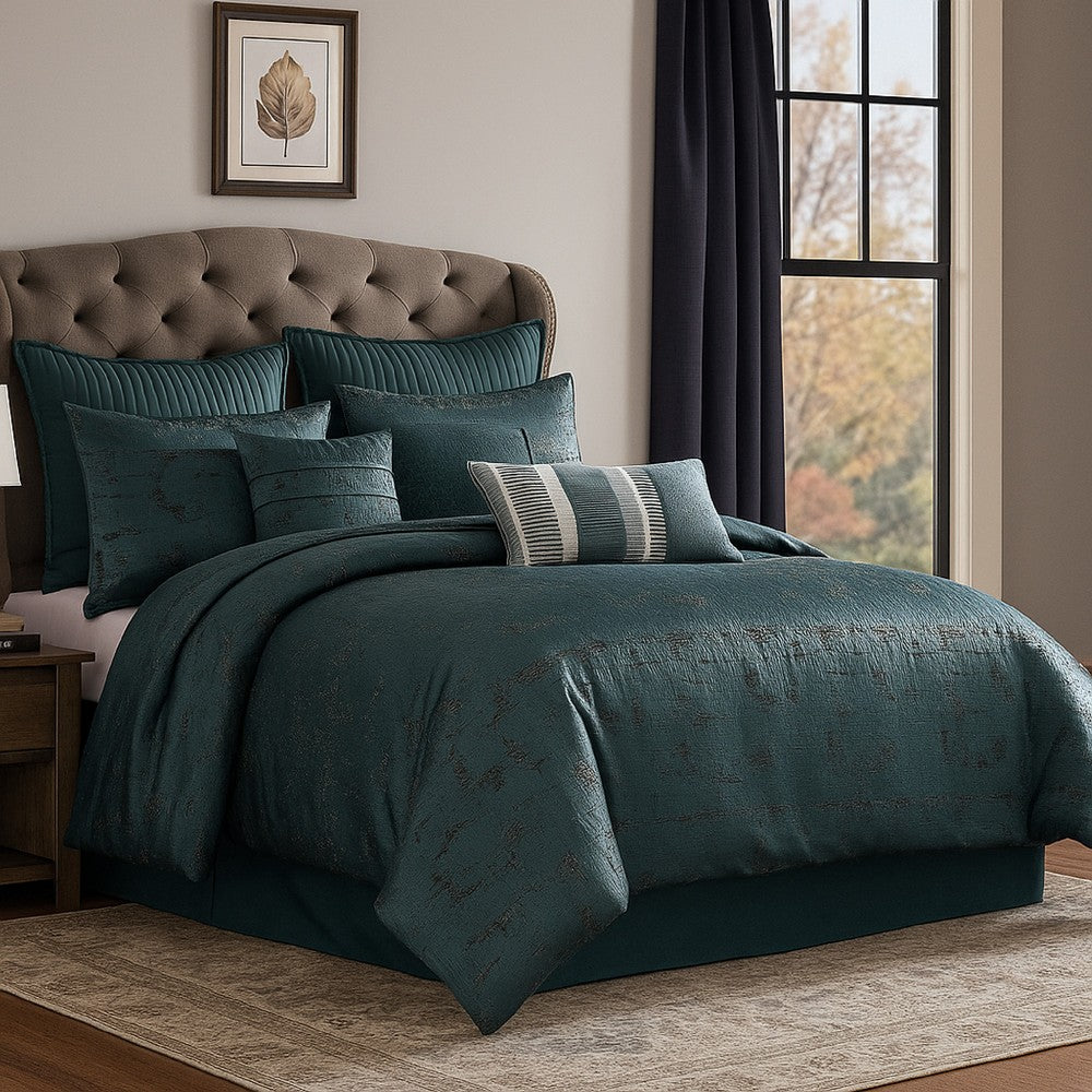 Benjara Beny 10pc King Size Comforter Set, Dark Turquoise Blue Woven Jacquard