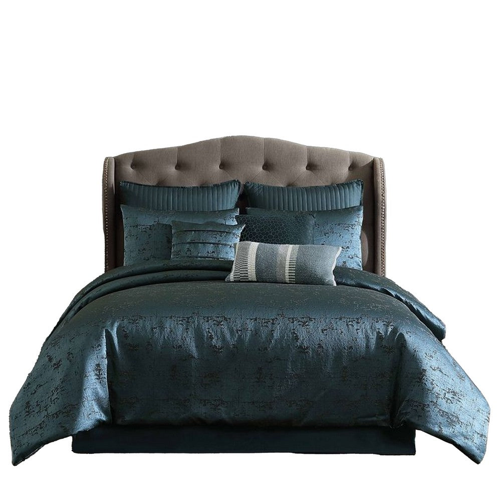 Benjara Beny 9pc King Size Comforter Set, Dark Turquoise Blue Woven Jacquard