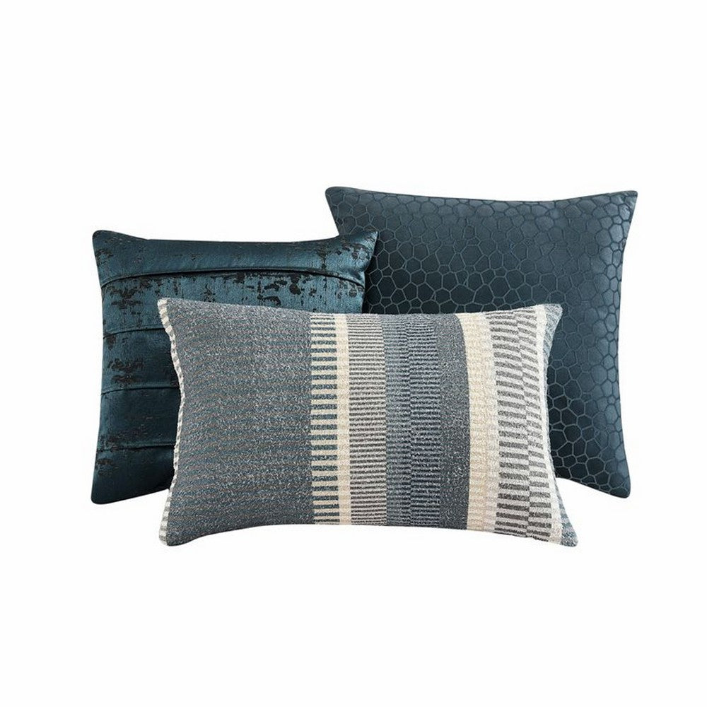 Benjara Beny 9pc King Size Comforter Set, Dark Turquoise Blue Woven Jacquard