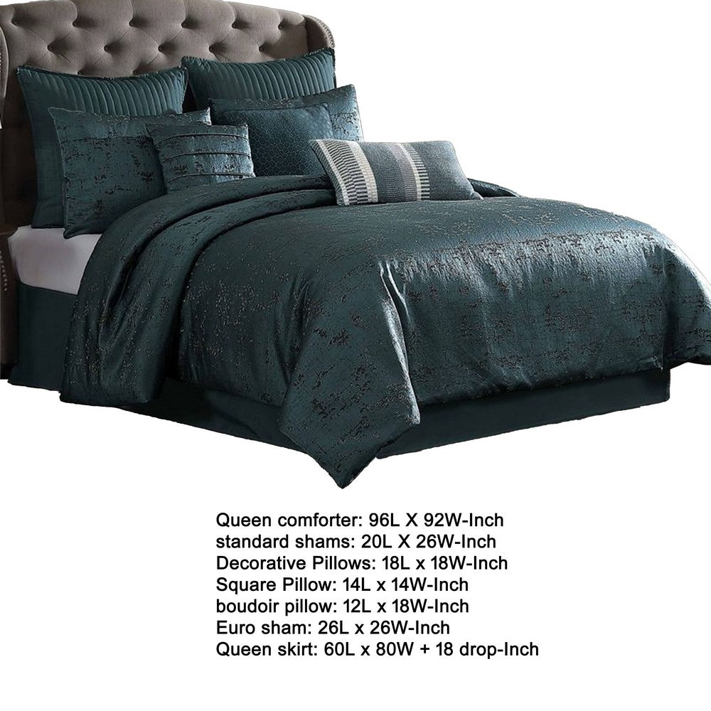 Benjara Beny 9pc King Size Comforter Set, Dark Turquoise Blue Woven Jacquard