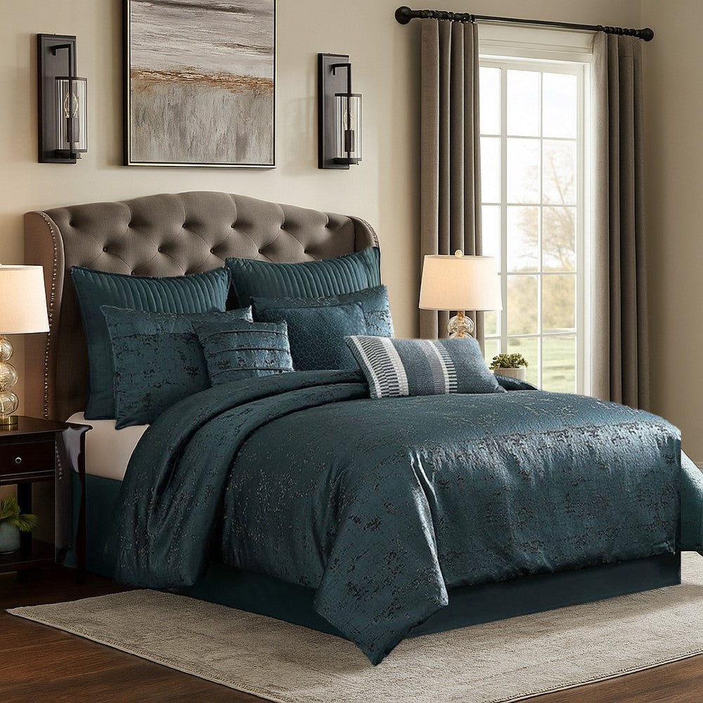 Benjara Beny 9pc King Size Comforter Set, Dark Turquoise Blue Woven Jacquard