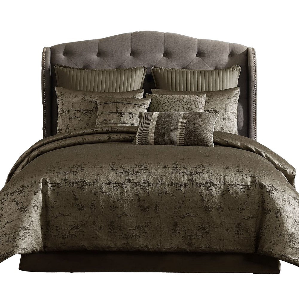 Benjara Beny 10pc King Size Comforter Set, Traditional Gold Woven Jacquard