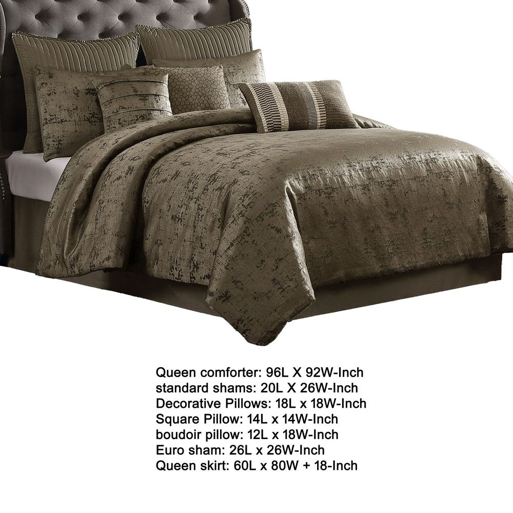 Benjara Beny 9pc King Size Comforter Set, Traditional Gold Woven Jacquard