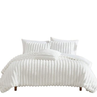 Benjara Sieno 3pc Twin XL Comforter Set, White Faux Fur And Micro Mink Backing