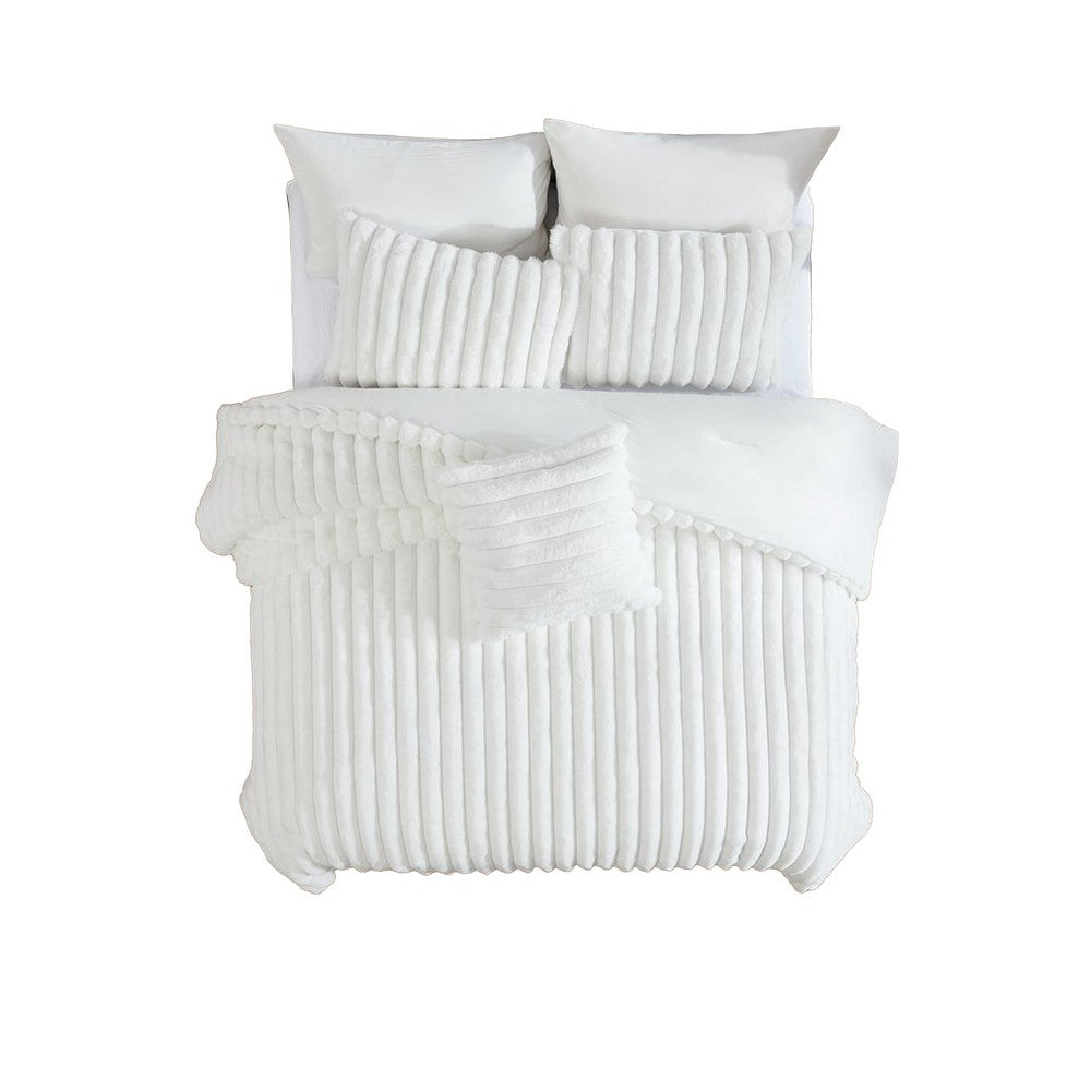 Benjara Sieno 3pc Twin XL Comforter Set, White Faux Fur And Micro Mink Backing