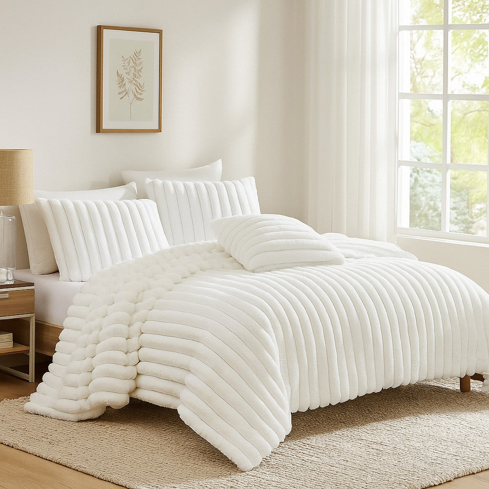 Benjara Sieno 3pc Twin XL Comforter Set, White Faux Fur And Micro Mink Backing