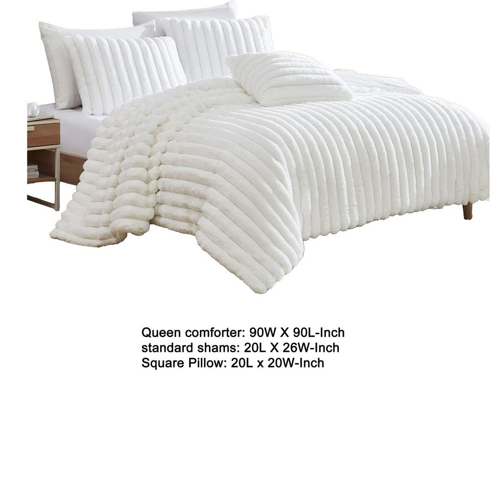 Benjara Sieno 4pc Queen Comforter Set, White Faux Fur And Micro Mink Backing
