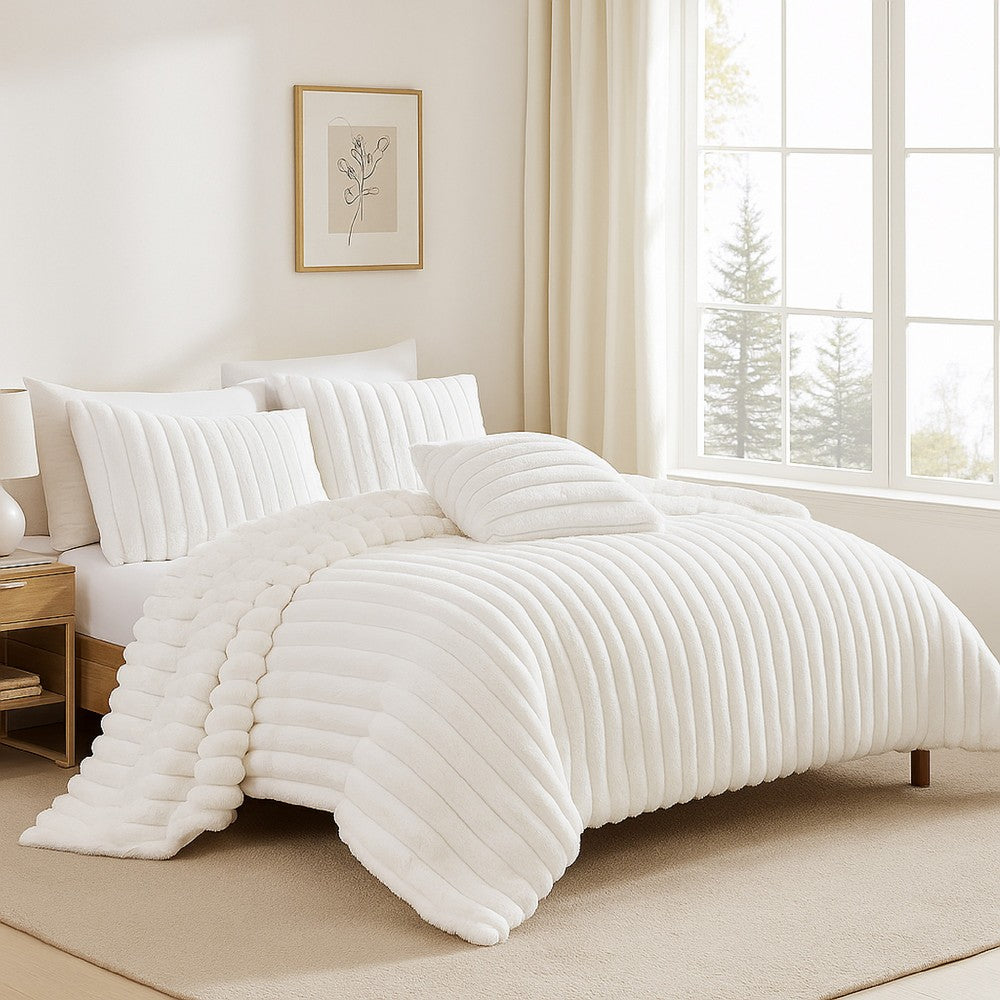 Benjara Sieno 4pc Queen Comforter Set, White Faux Fur And Micro Mink Backing