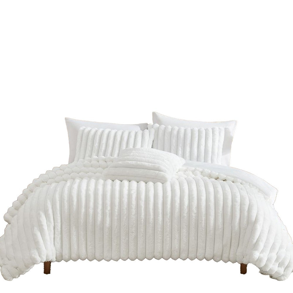 Benjara Sieno 4pc King Comforter Set, White Faux Fur And Micro Mink Backing