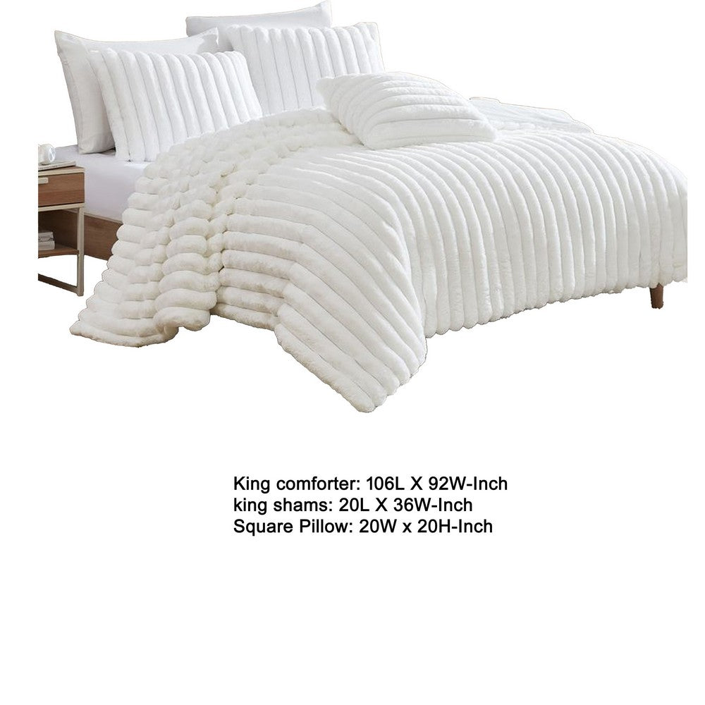 Benjara Sieno 4pc King Comforter Set, White Faux Fur And Micro Mink Backing
