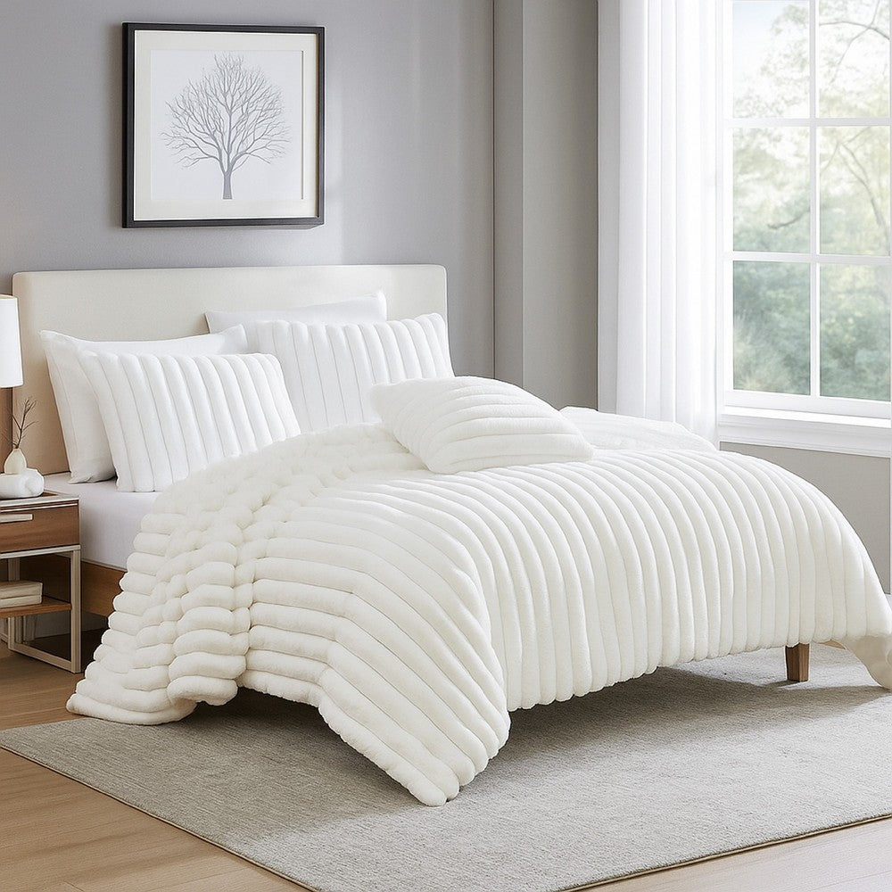 Benjara Sieno 4pc King Comforter Set, White Faux Fur And Micro Mink Backing