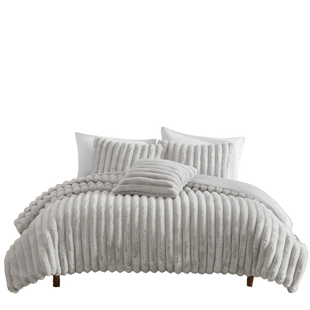 Benjara Sieno 3pc Twin XL Comforter Set, Gray Faux Fur And Micro Mink Backing
