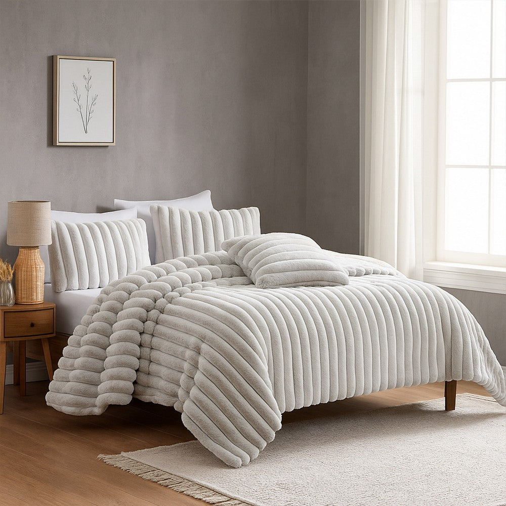 Benjara Sieno 3pc Twin XL Comforter Set, Gray Faux Fur And Micro Mink Backing