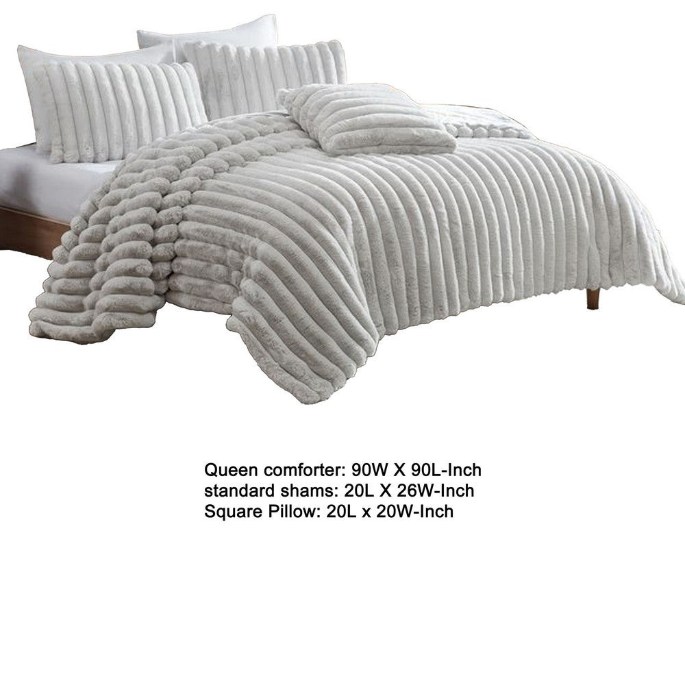 Benjara Sieno 4pc Queen Comforter Set, Gray Faux Fur And Micro Mink Backing