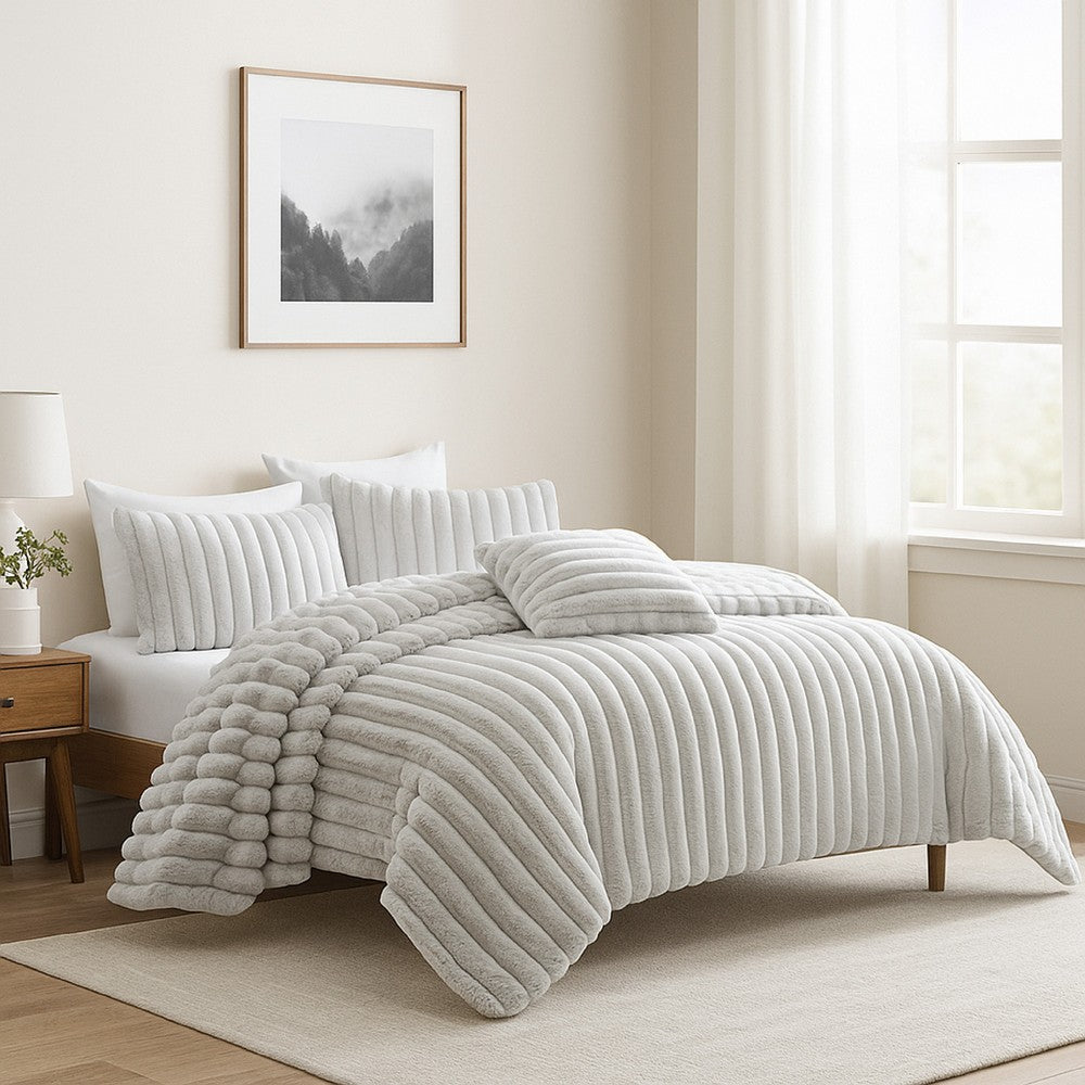 Benjara Sieno 4pc Queen Comforter Set, Gray Faux Fur And Micro Mink Backing