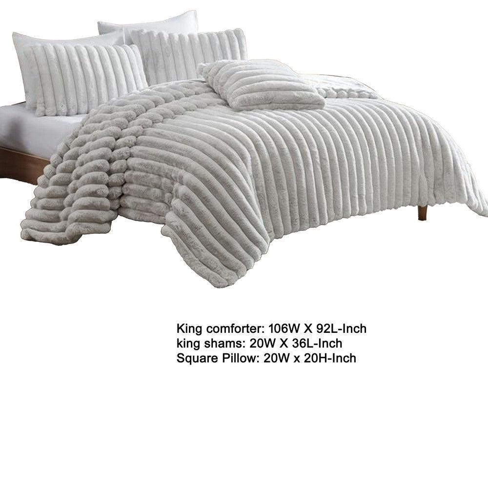 Benjara Sieno 4pc King Comforter Set, Gray Faux Fur And Micro Mink Backing