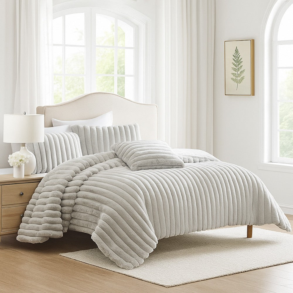 Benjara Sieno 4pc King Comforter Set, Gray Faux Fur And Micro Mink Backing