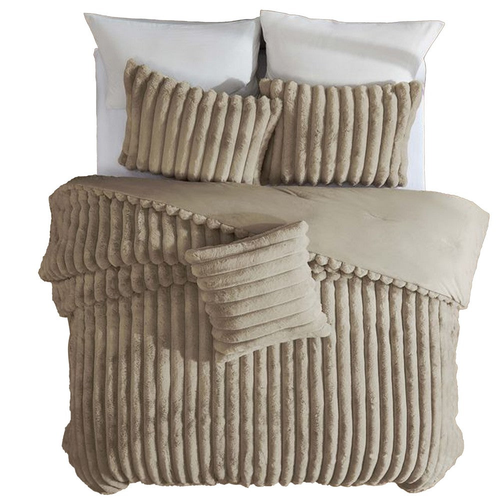 Benjara Sieno 4pc King Comforter Set, Taupe Brown Faux Fur, Micro Mink Backing