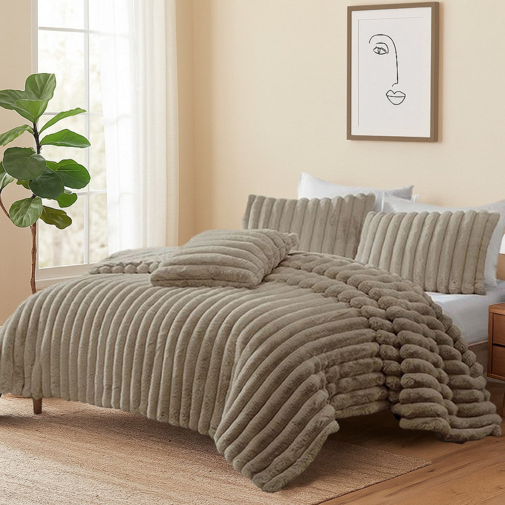 Benjara Sieno 4pc King Comforter Set, Taupe Brown Faux Fur, Micro Mink Backing