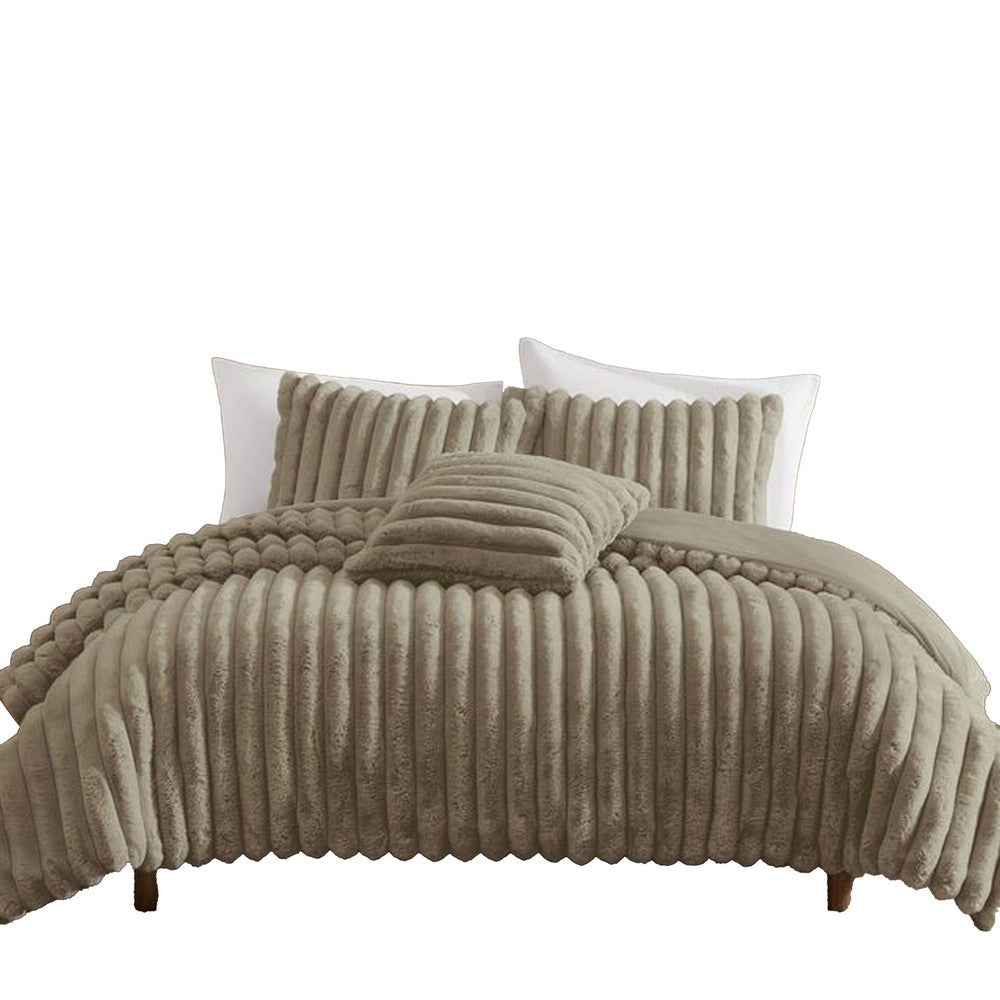 Benjara Sieno 4pc Queen Comforter Set, Taupe Brown Faux Fur Micro Mink Backing