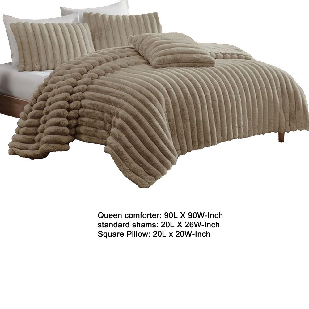 Benjara Sieno 4pc Queen Comforter Set, Taupe Brown Faux Fur Micro Mink Backing