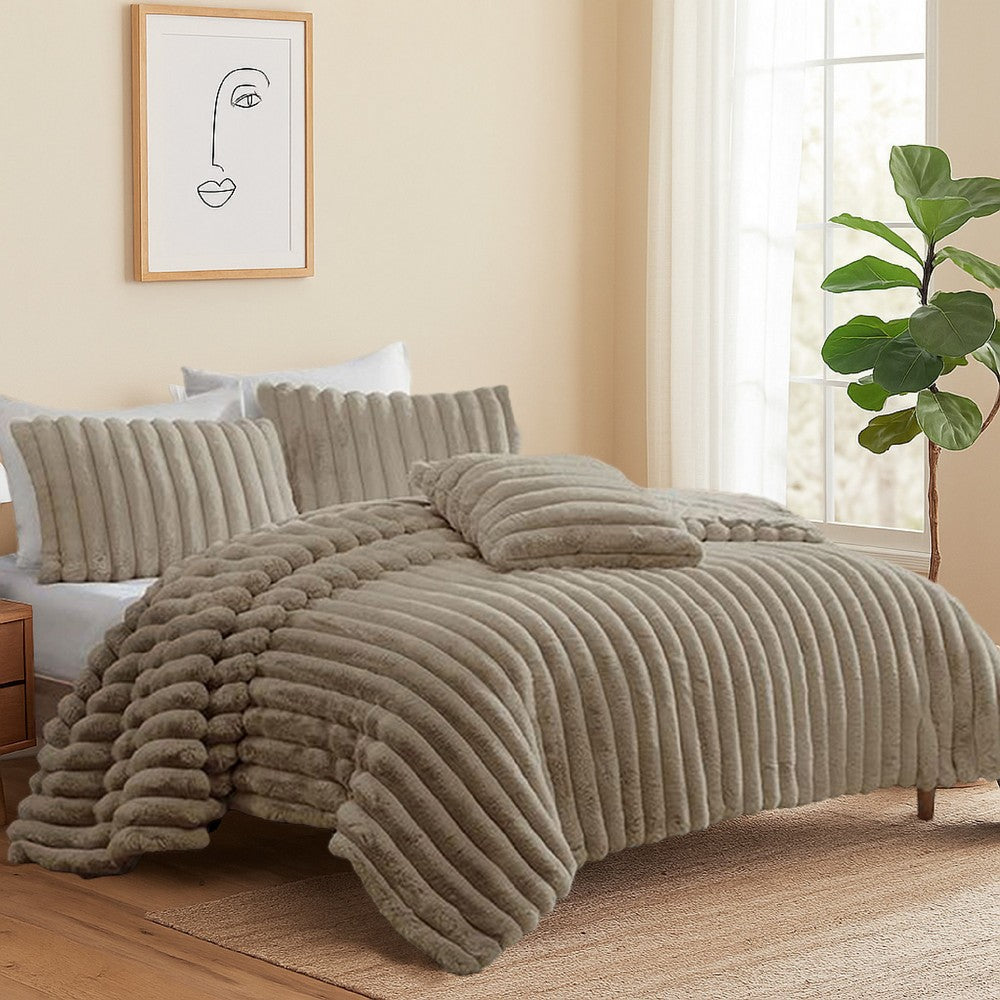 Benjara Sieno 4pc Queen Comforter Set, Taupe Brown Faux Fur Micro Mink Backing