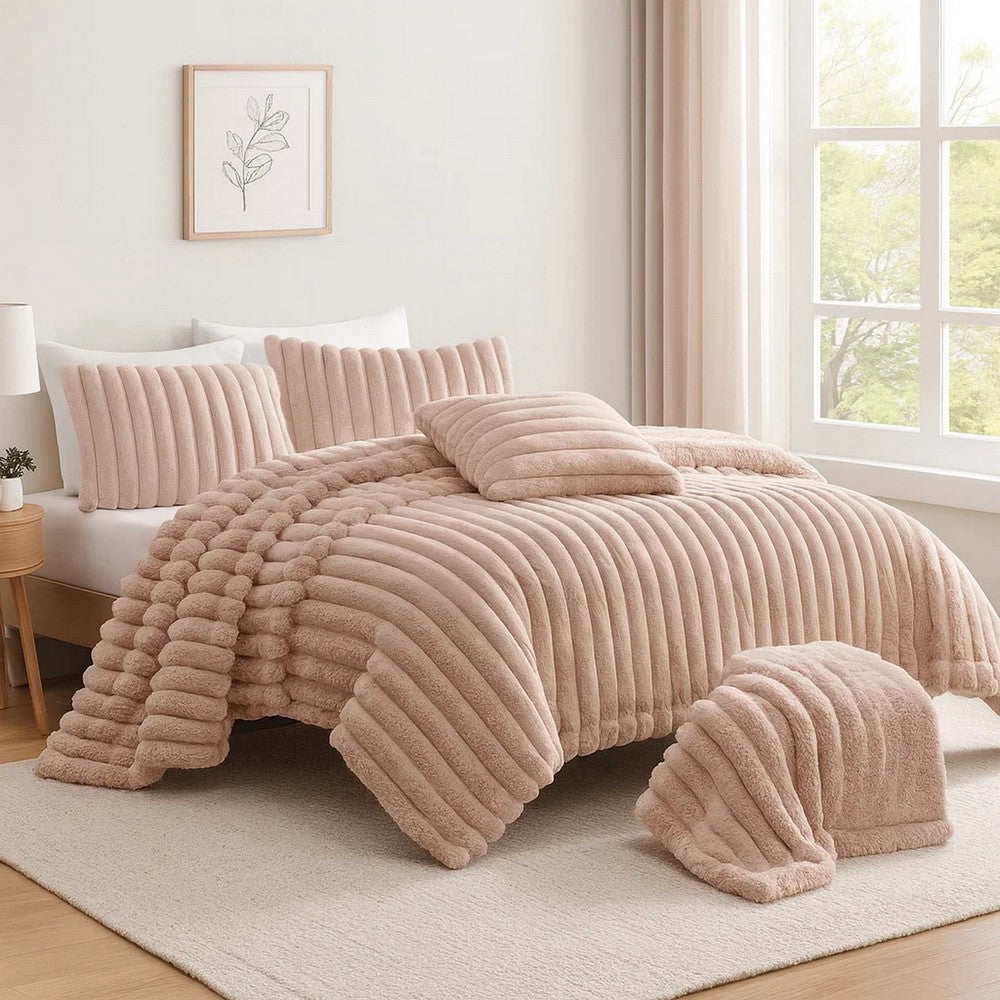 Benjara Sieno 4pc King Comforter Set, Blush Pink Faux Fur, Micro Mink Backing