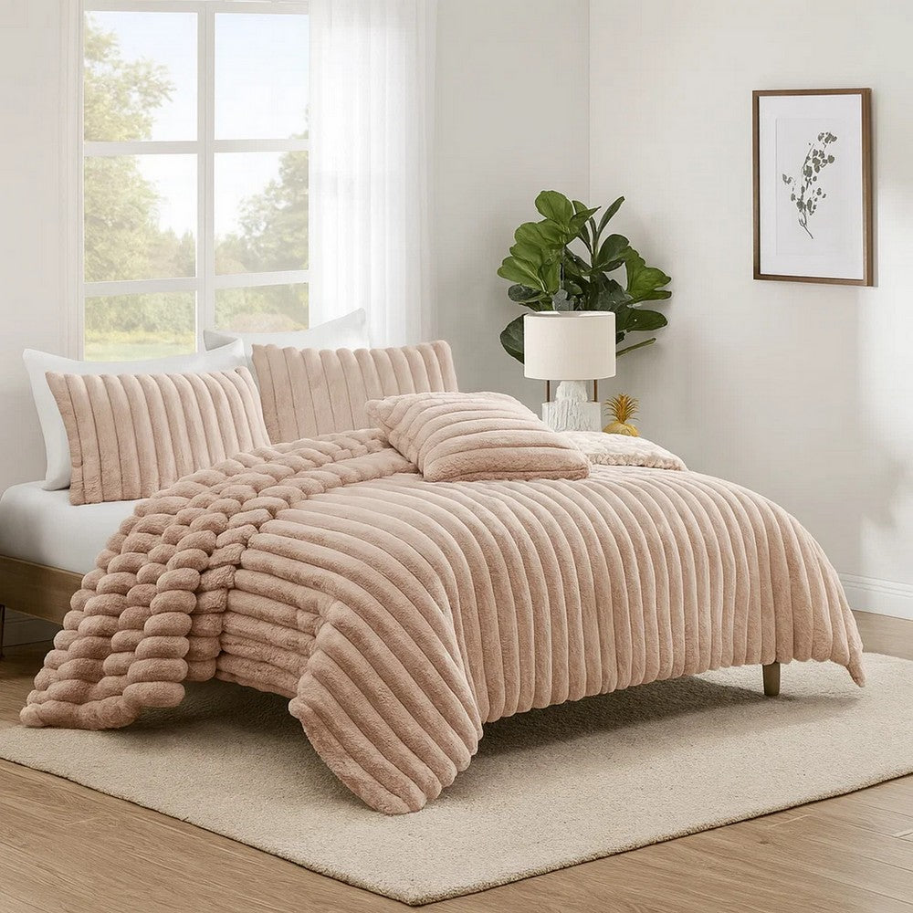Benjara Sieno 4pc King Comforter Set, Blush Pink Faux Fur, Micro Mink Backing