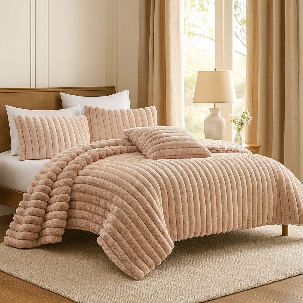 Benjara Sieno 4pc Queen Comforter Set, Blush Pink Faux Fur, Micro Mink Backing