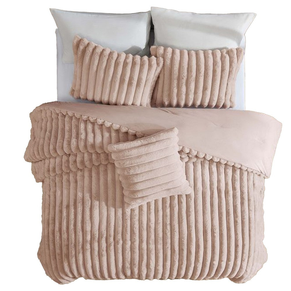 Benjara Sieno 3pc Twin XL Comforter Set, Blush Pink Faux Fur, Micro Mink Back