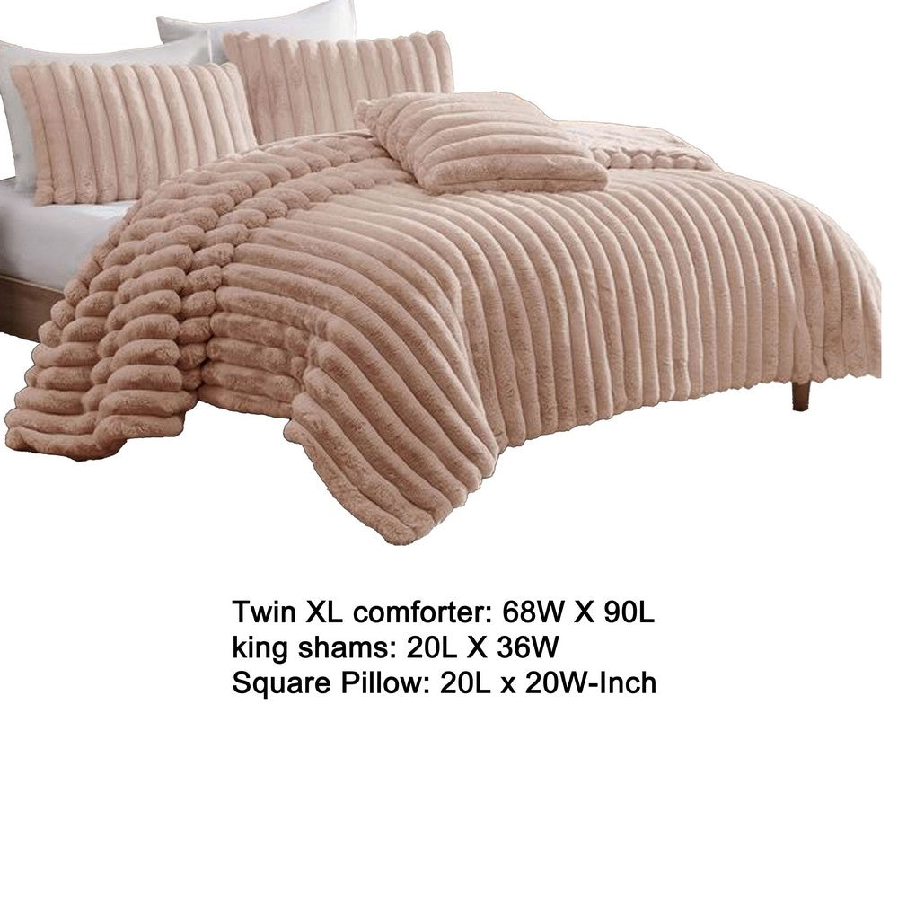 Benjara Sieno 3pc Twin XL Comforter Set, Blush Pink Faux Fur, Micro Mink Back
