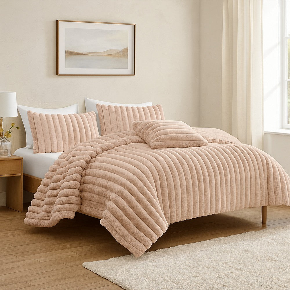 Benjara Sieno 3pc Twin XL Comforter Set, Blush Pink Faux Fur, Micro Mink Back