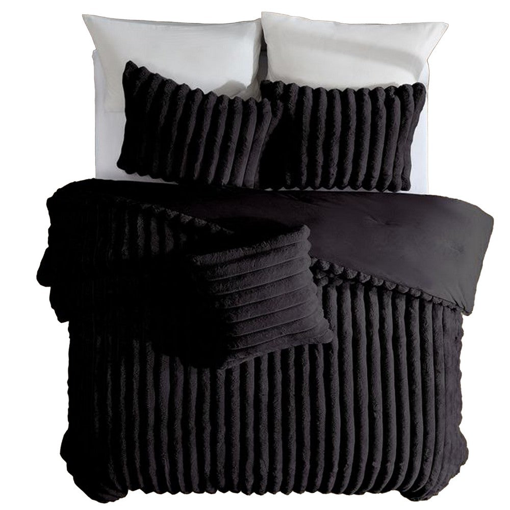 Benjara Sieno 4pc King Comforter Set, Shams, Black Faux Fur, Micro Mink Back
