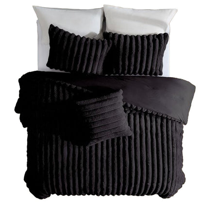 Benjara Sieno 4pc King Comforter Set, Shams, Black Faux Fur, Micro Mink Back