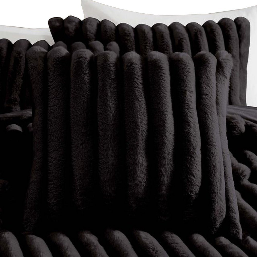 Benjara Sieno 4pc King Comforter Set, Shams, Black Faux Fur, Micro Mink Back