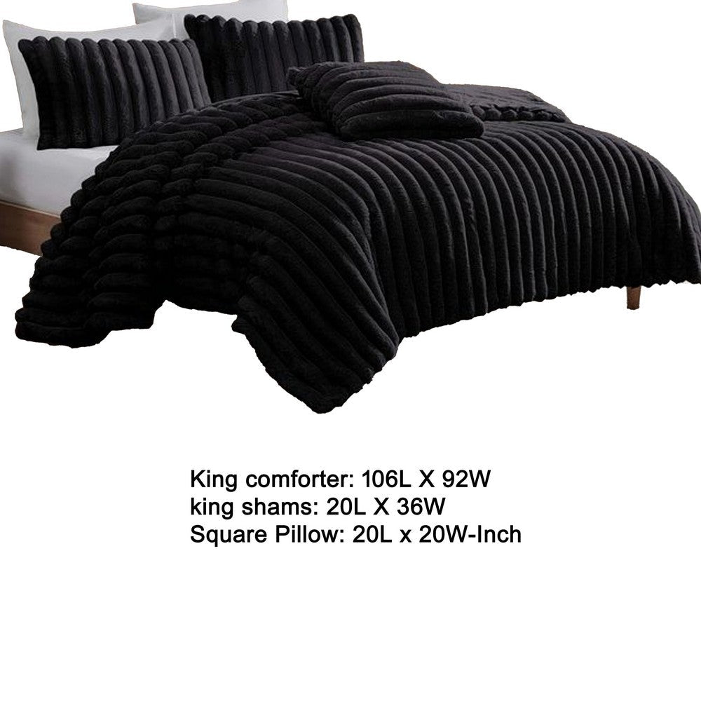Benjara Sieno 4pc King Comforter Set, Shams, Black Faux Fur, Micro Mink Back
