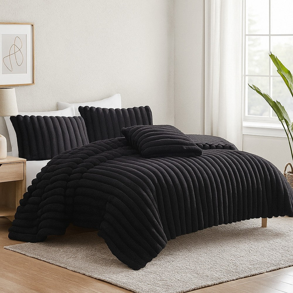 Benjara Sieno 4pc King Comforter Set, Shams, Black Faux Fur, Micro Mink Back