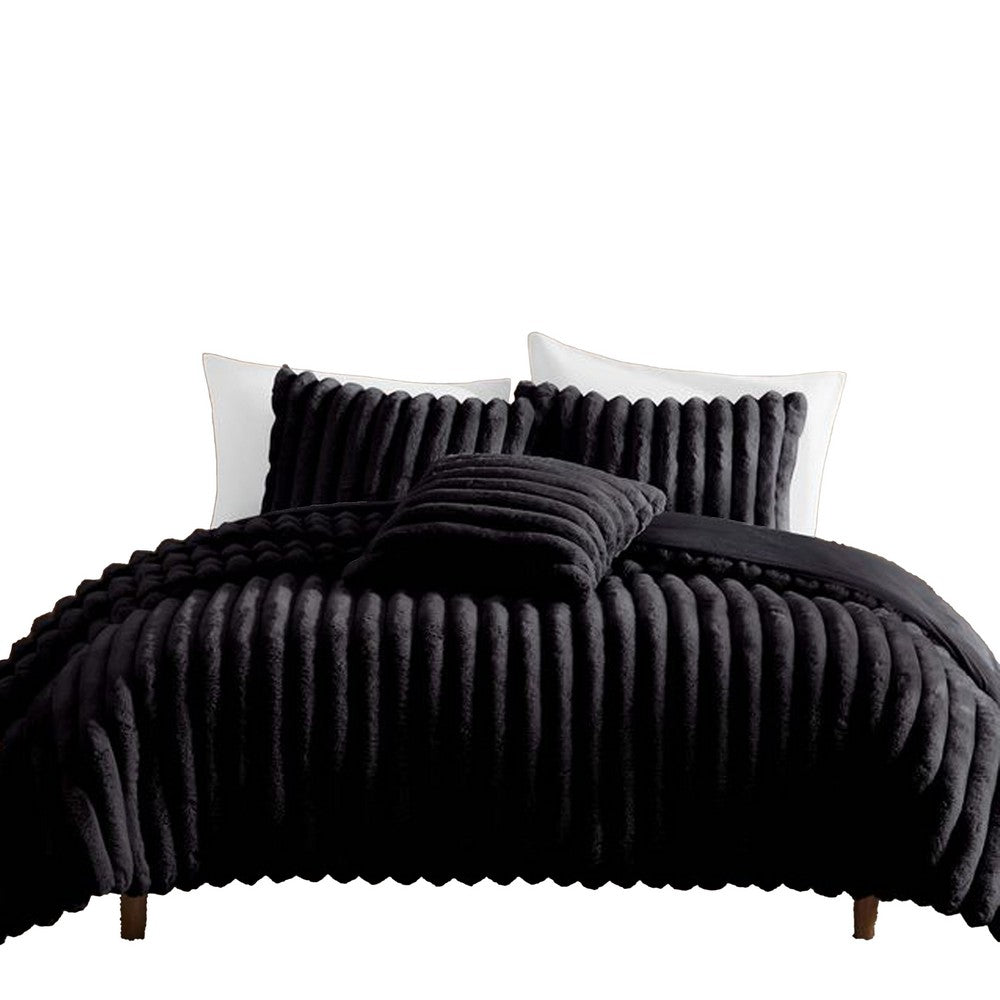 Benjara Sieno 4pc Queen Comforter Set, Shams, Black Faux Fur, Micro Mink Back