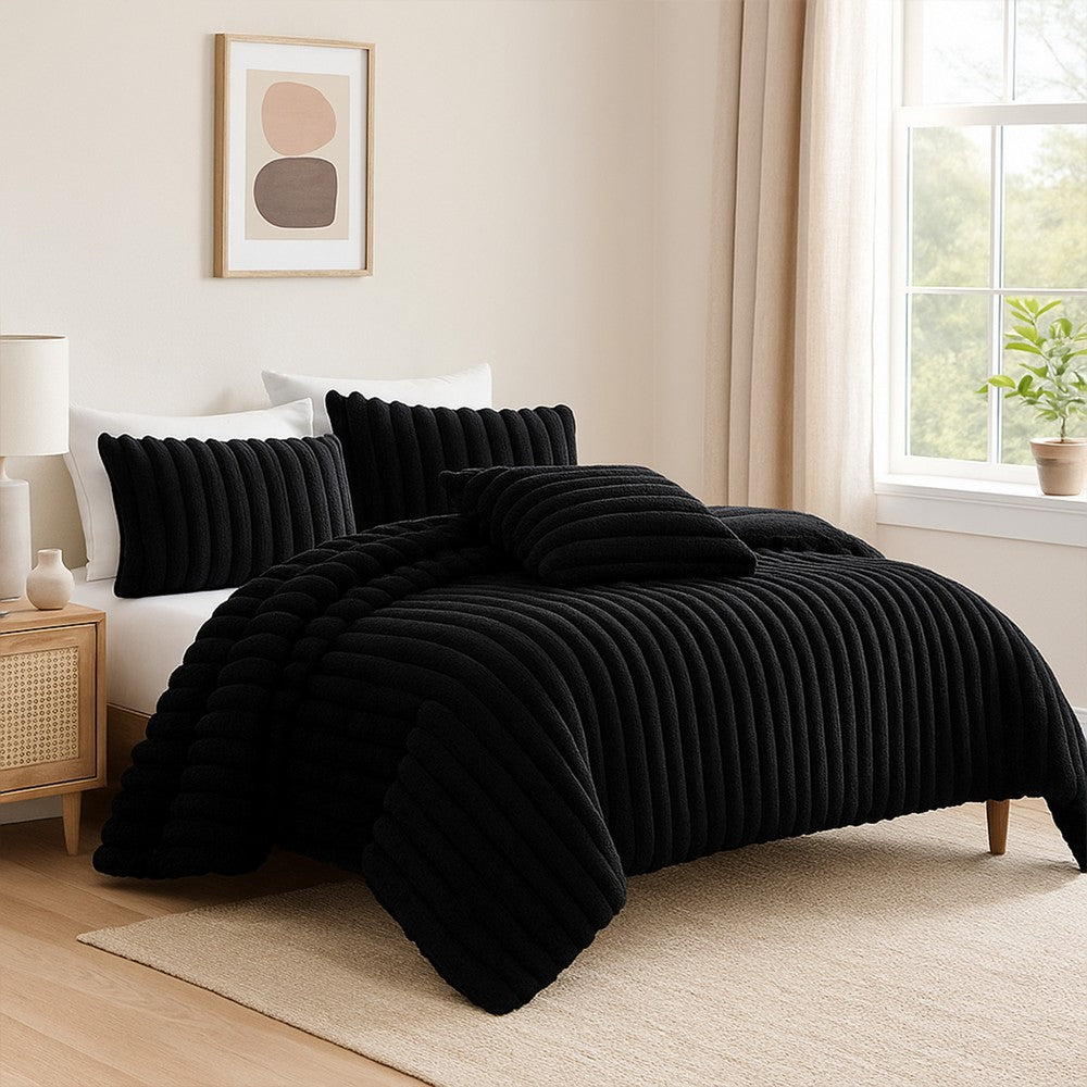Benjara Sieno 4pc Queen Comforter Set, Shams, Black Faux Fur, Micro Mink Back