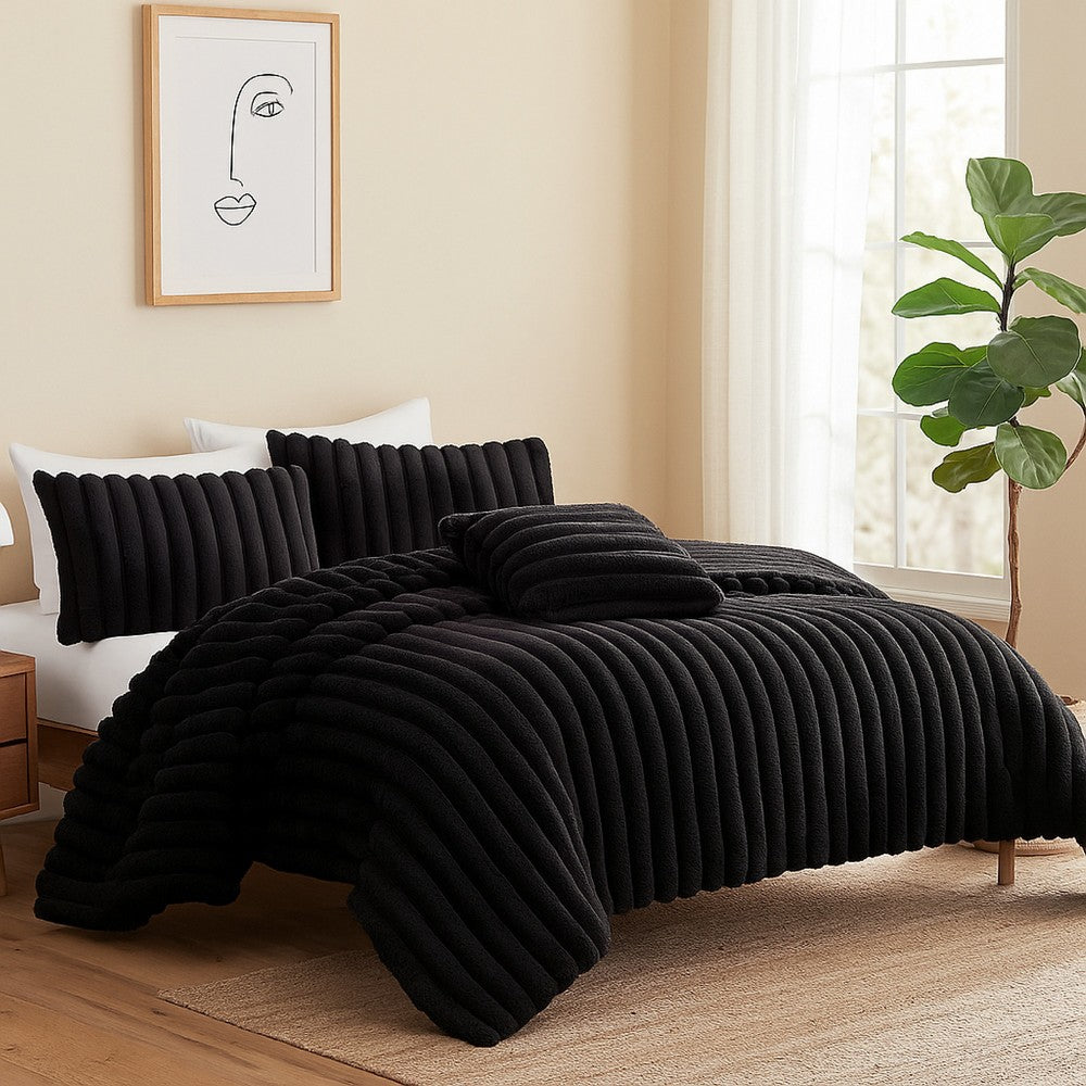 Benjara Sieno 3pc Twin XL Comforter Set, Shams, Black Faux Fur Micro Mink Back