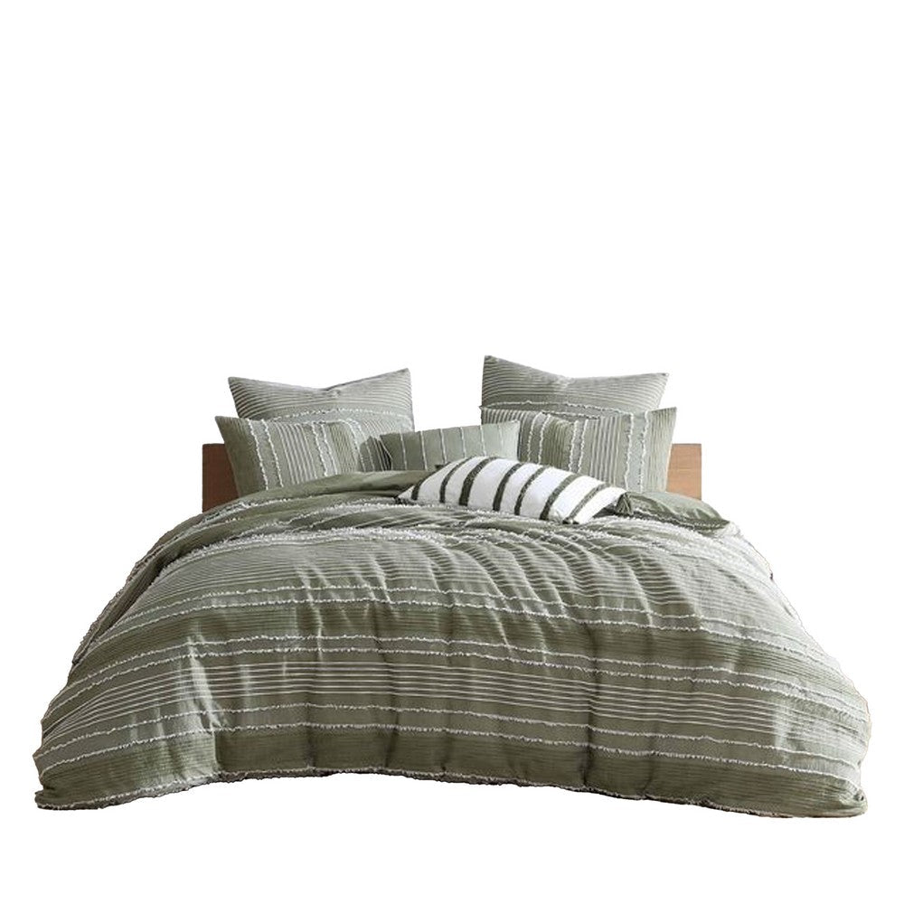 Benjara Meo 5pc King Size Comforter Set, Green Textured Woven Jacquard Stripe