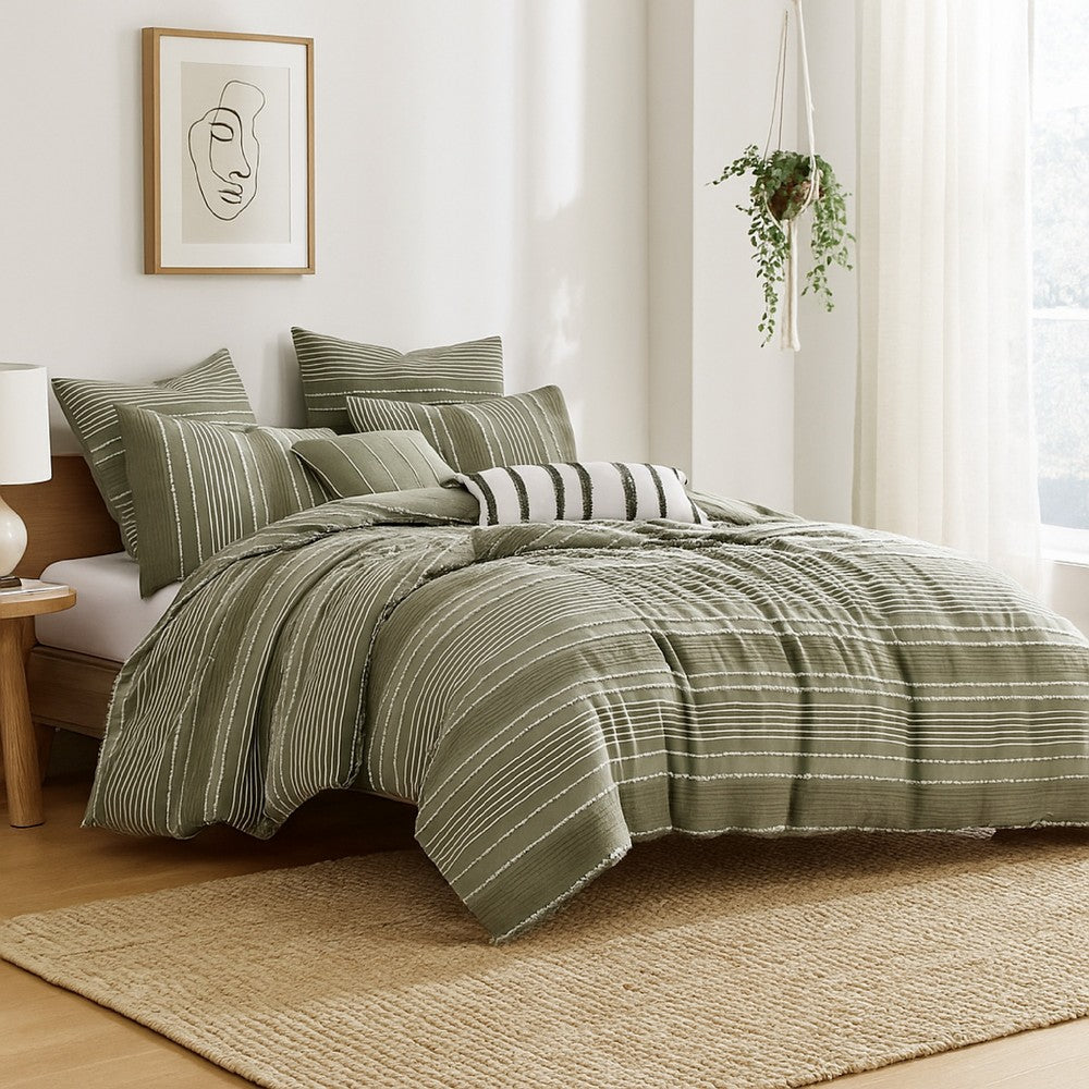 Benjara Meo 5pc King Size Comforter Set, Green Textured Woven Jacquard Stripe