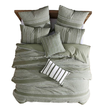 Benjara Meo 5pc Queen Size Comforter Set, Green Textured Woven Jacquard Stripe