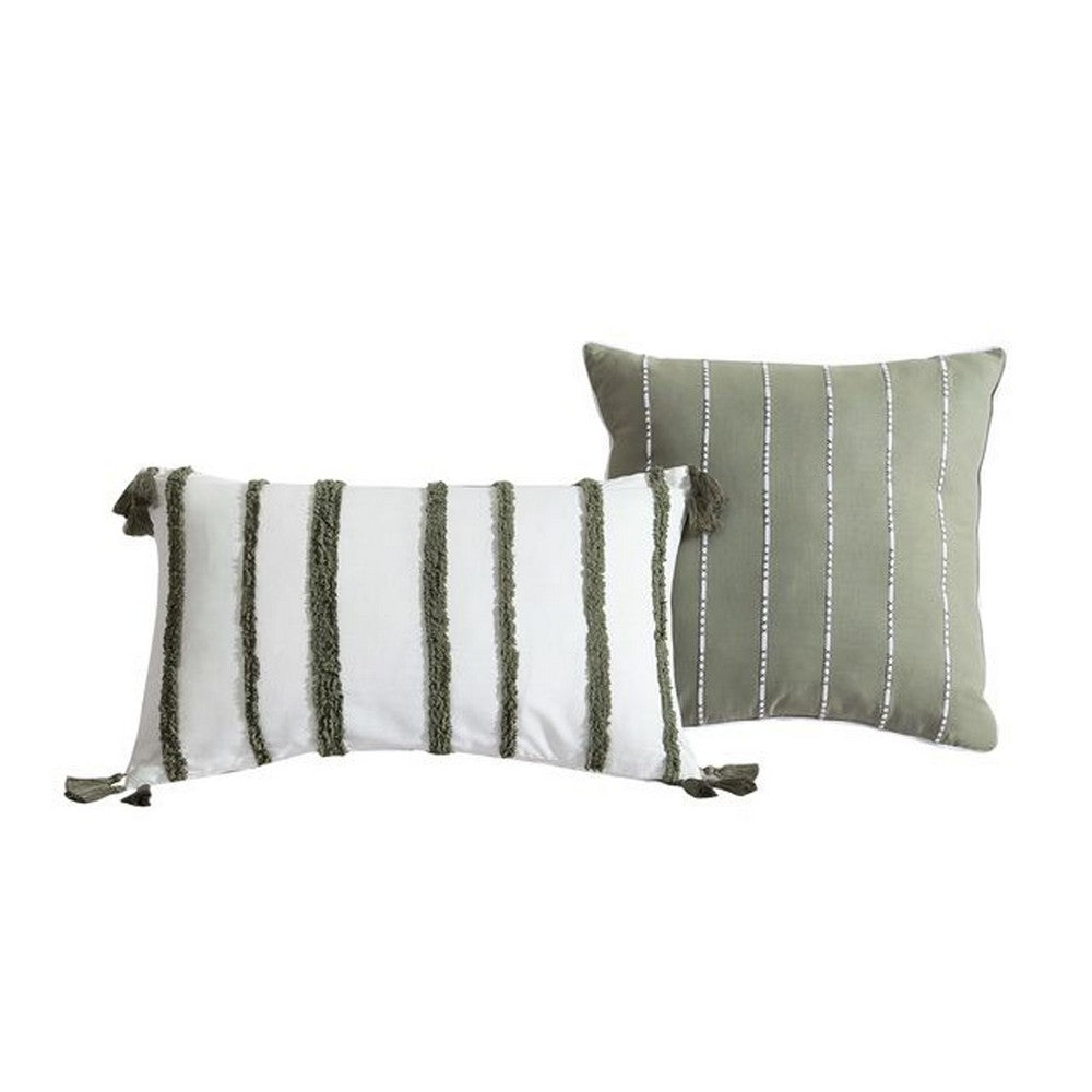 Benjara Meo 5pc Queen Size Comforter Set, Green Textured Woven Jacquard Stripe