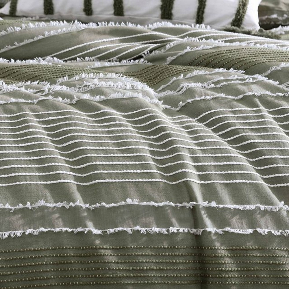 Benjara Meo 5pc Queen Size Comforter Set, Green Textured Woven Jacquard Stripe
