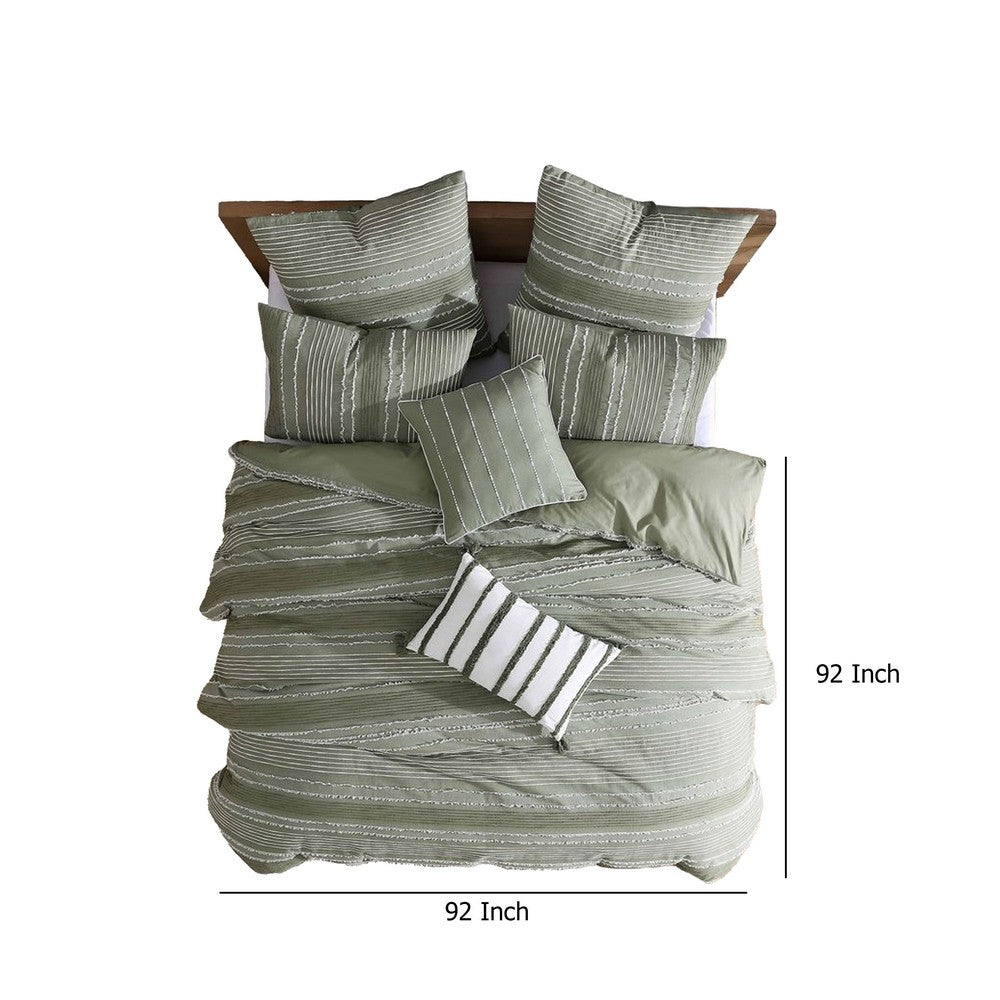 Benjara Meo 5pc Queen Size Comforter Set, Green Textured Woven Jacquard Stripe
