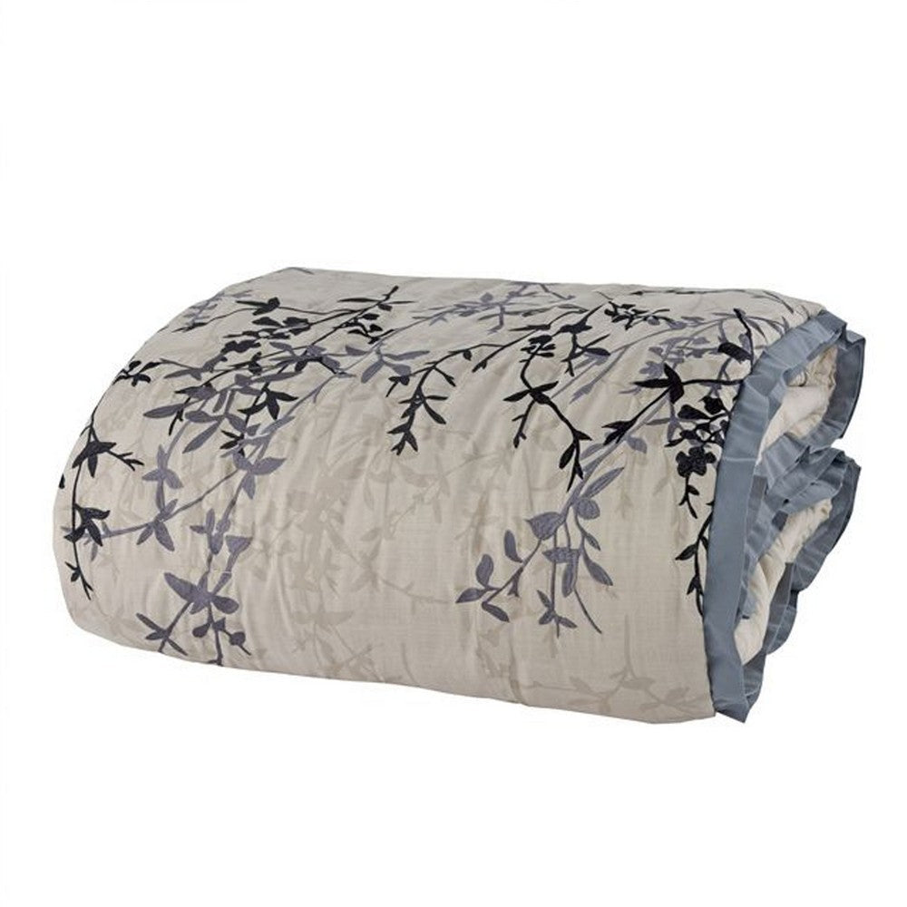 Benjara Yedy 8pc King Size Comforter Set, Blue And Cream Floral Embroidery