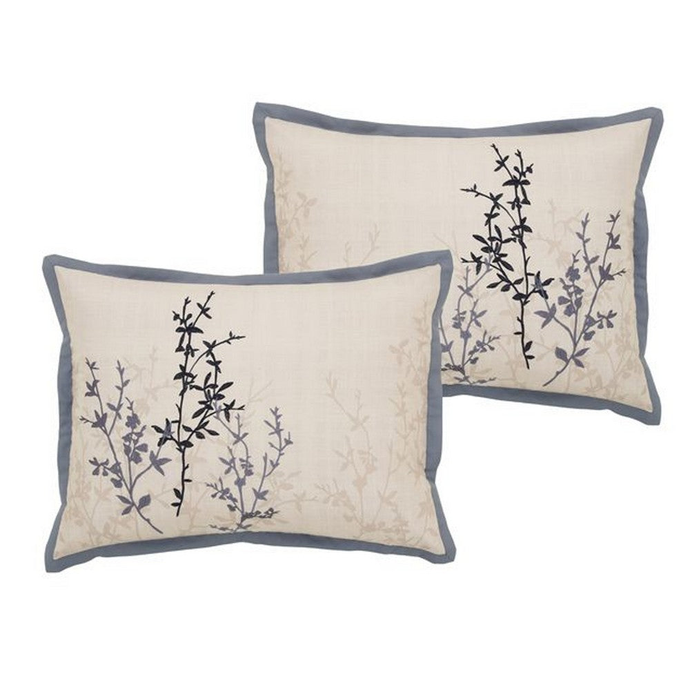 Benjara Yedy 8pc King Size Comforter Set, Blue And Cream Floral Embroidery