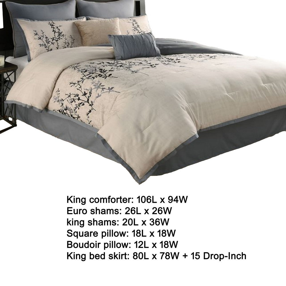 Benjara Yedy 8pc King Size Comforter Set, Blue And Cream Floral Embroidery