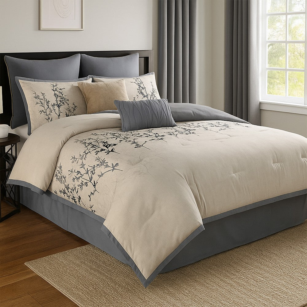 Benjara Yedy 8pc King Size Comforter Set, Blue And Cream Floral Embroidery